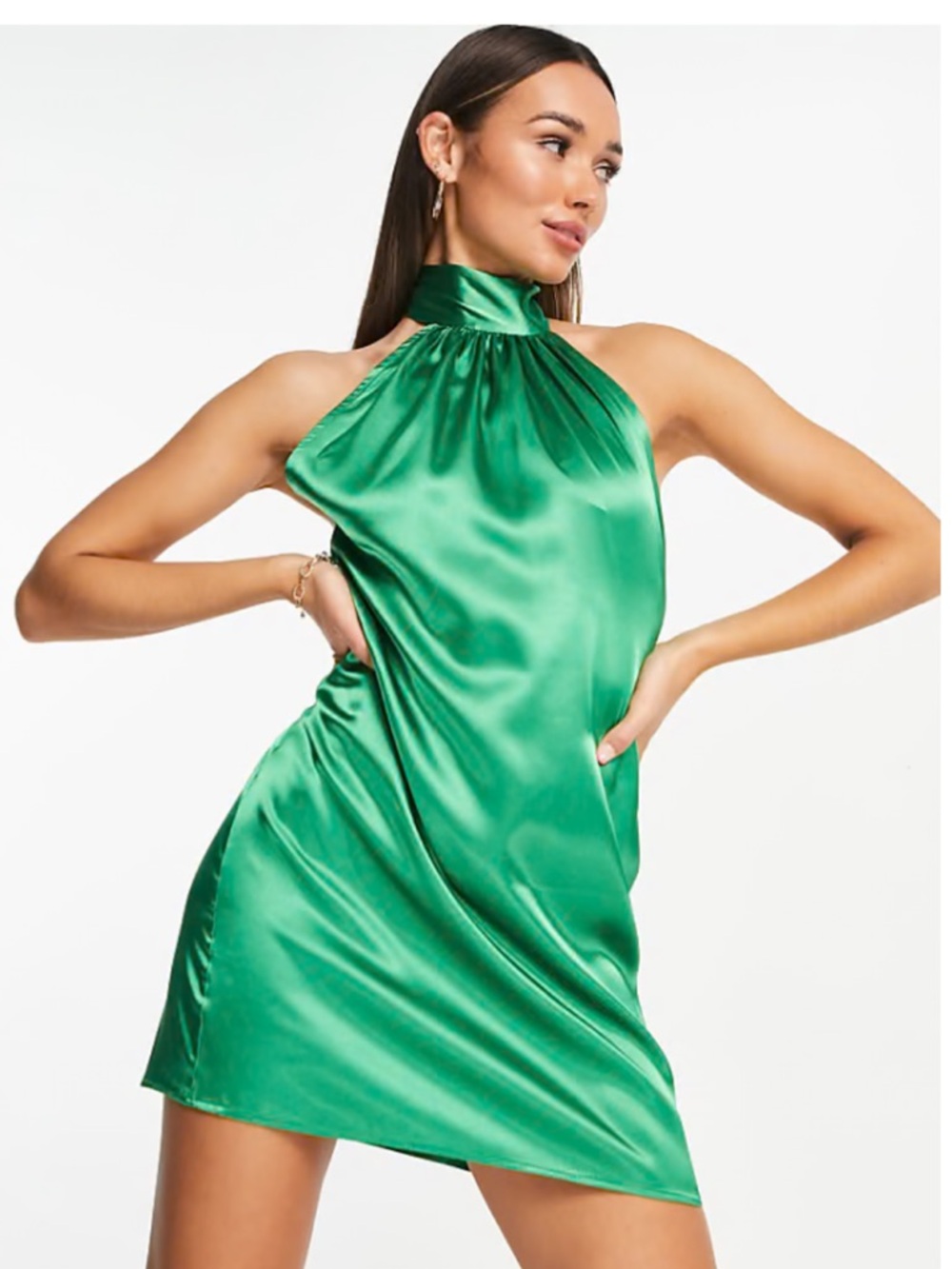 NWT Flounce London Satin Halter Neck Mini Dress - Emerald Green
